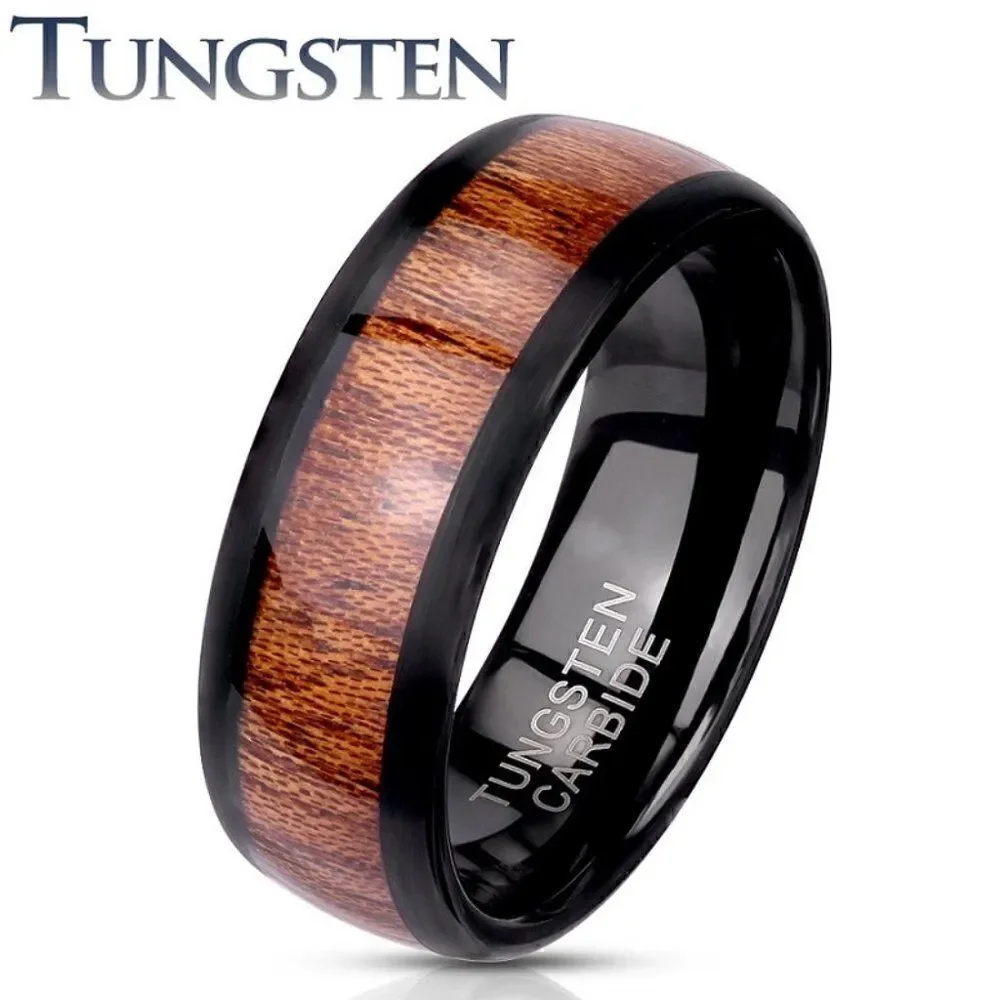 Personalized Engraved Men's Black Tungsten Wedding Ring Koa Wood Inlay